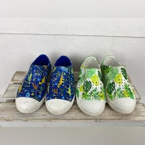 Native Shoes (2) pair slip-on water shoes tropical palm & dinosaur print  Sz C9